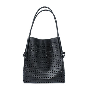 Women's black Genuine Leather Perforated Tote Bag
