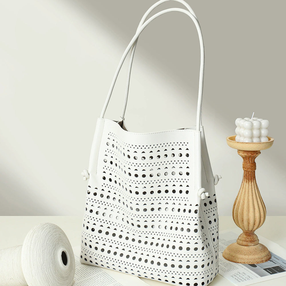 creamy white Genuine Leather Perforated Tote Bag