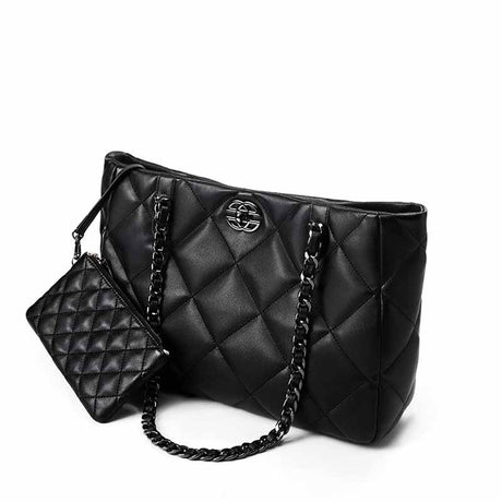 Black quilted handbag with a matching wallet 