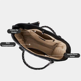 Black handbag with labeled compartments 