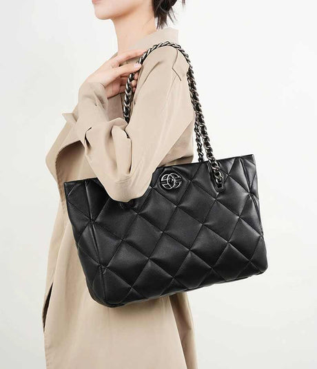 women black Genuine Leather Quilted Chain shoulder  Bag
