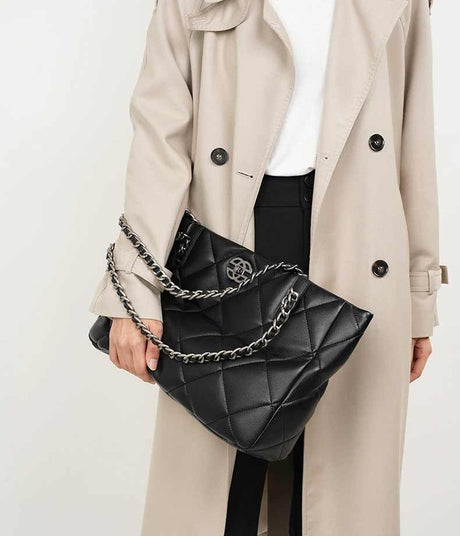 women black Genuine Leather Quilted Chain Tote Bag
