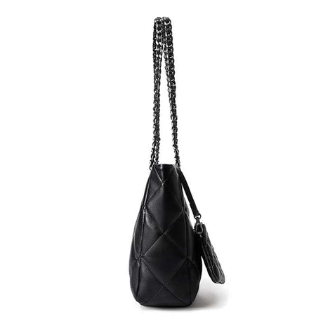 black Genuine Leather Quilted Chain Tote Bag side view