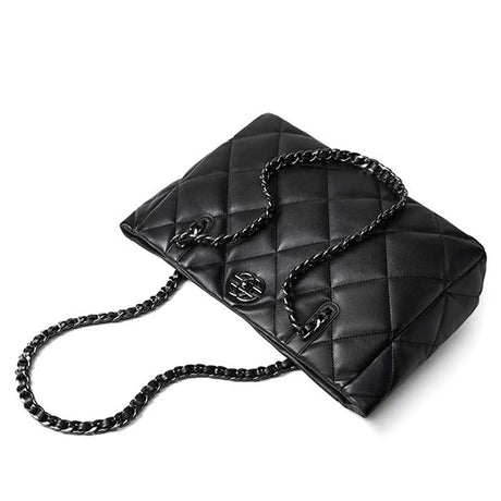 black Leather Quilted Chain Tote Bag