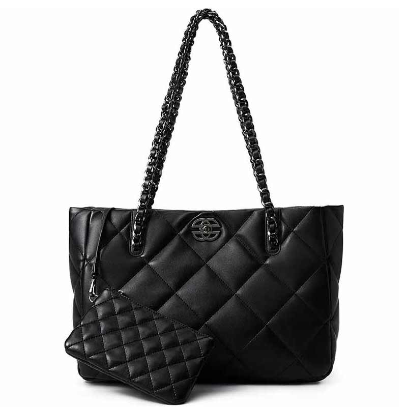 black Genuine Leather Quilted Chain Tote Bag