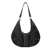 black Genuine Leather Slouchy Hobo Bag with Contrast Stitching