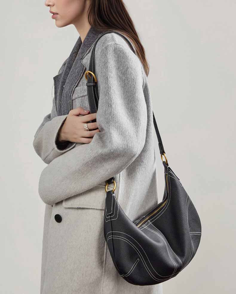 women black Genuine Leather Slouchy Hobo shoulder bag with Contrast Stitching