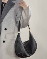 women black Leather Slouchy Hobo Bag with Contrast Stitching