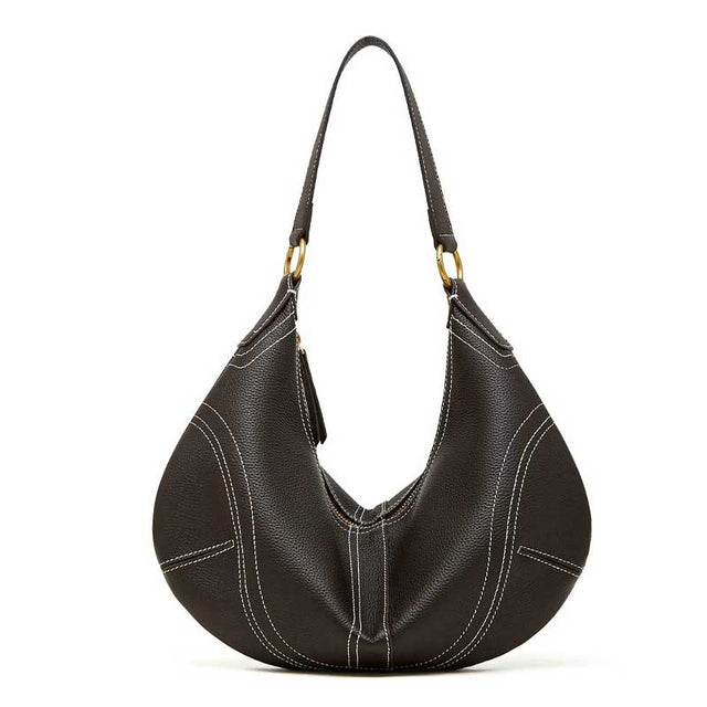 coffee Genuine Leather Slouchy Hobo Bag with Contrast Stitching