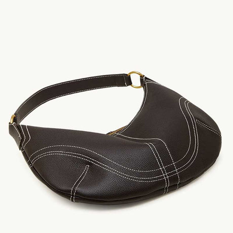 coffee Genuine Leather Slouchy Hobo Bag with Contrast Stitching bottom