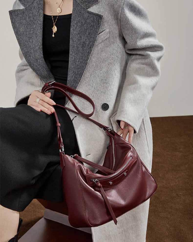 Women burgundy Leather Slouchy Hobo Shoulder Bag