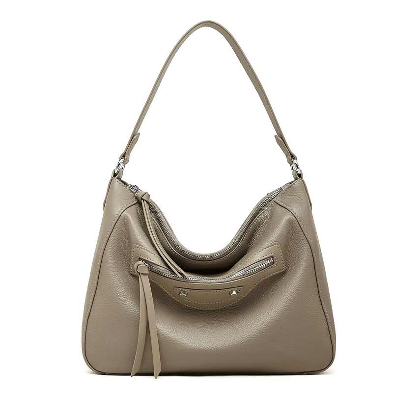 gray Genuine Leather Slouchy Hobo Shoulder Bag