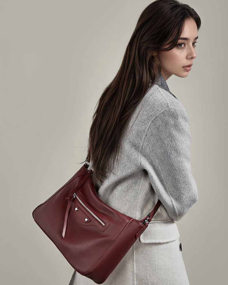 Women burgundy Genuine Leather Slouchy Hobo Shoulder Bag