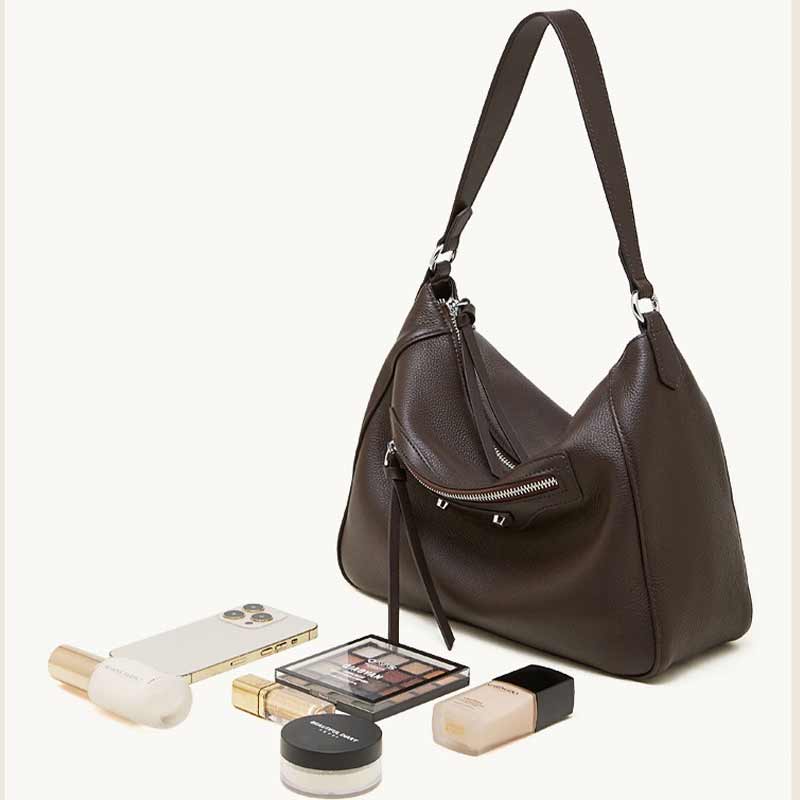 coffee Genuine Leather Hobo Shoulder Bag