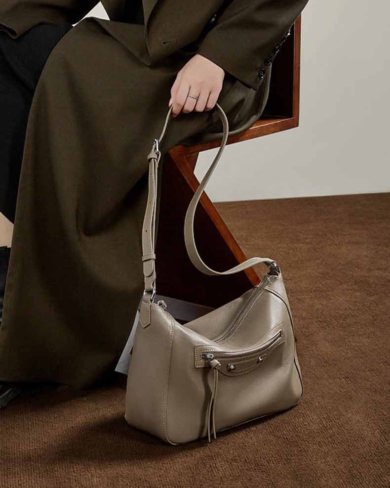 women gray Genuine Leather Slouchy Hobo Shoulder Bag