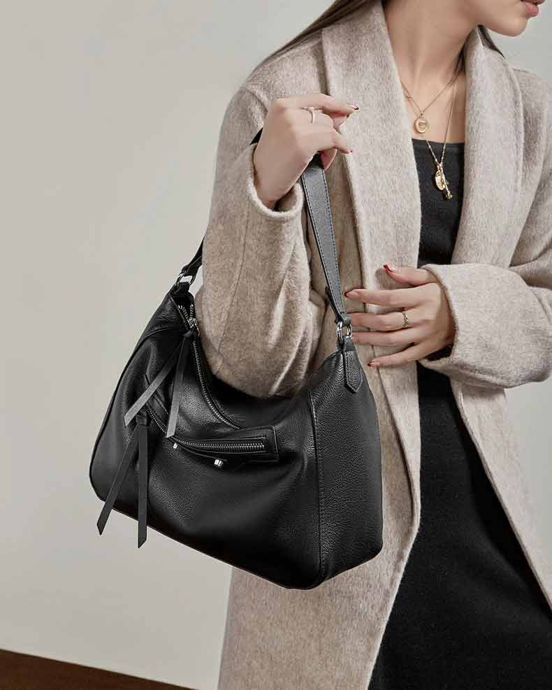 Women black Genuine Leather Slouchy Hobo Shoulder Bag