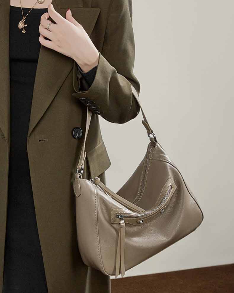 gray Leather Slouchy Hobo Shoulder Bag