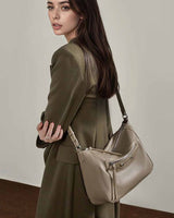 women gray Genuine Leather Slouchy Hobo crossbody Bag