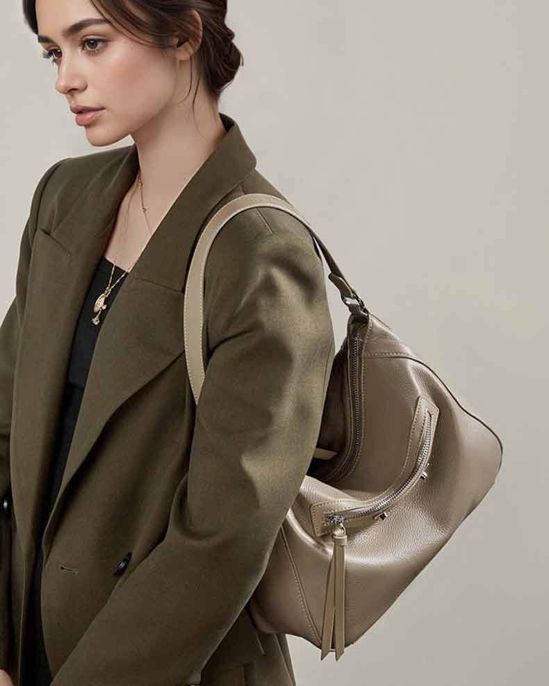 women gray Leather Slouchy Hobo Shoulder Bag