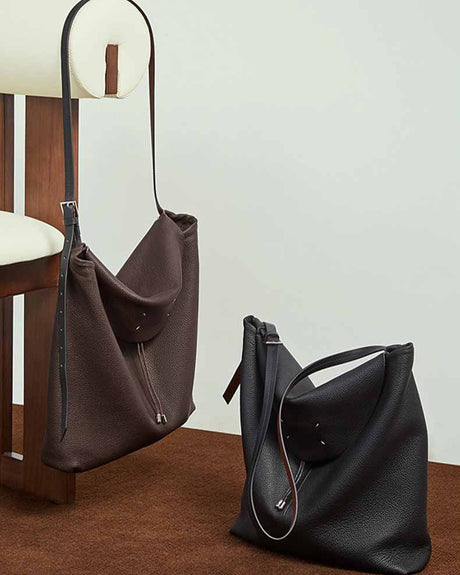 coffee  and black Leather Slouchy Hobo Shoulder Bag 