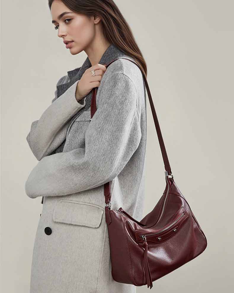 Womens burgundy Genuine Leather Slouchy Hobo Shoulder Bag