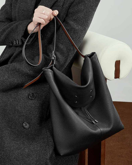 Women's black  Leather Slouchy Hobo Shoulder Bag