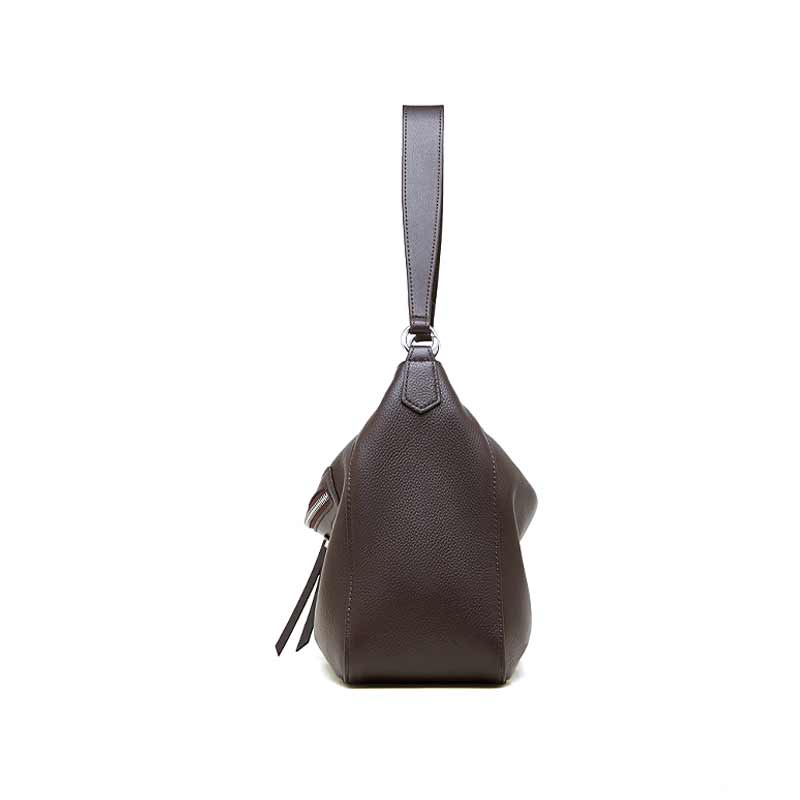 Genuine Leather coffee Slouchy Hobo Shoulder Bag side view