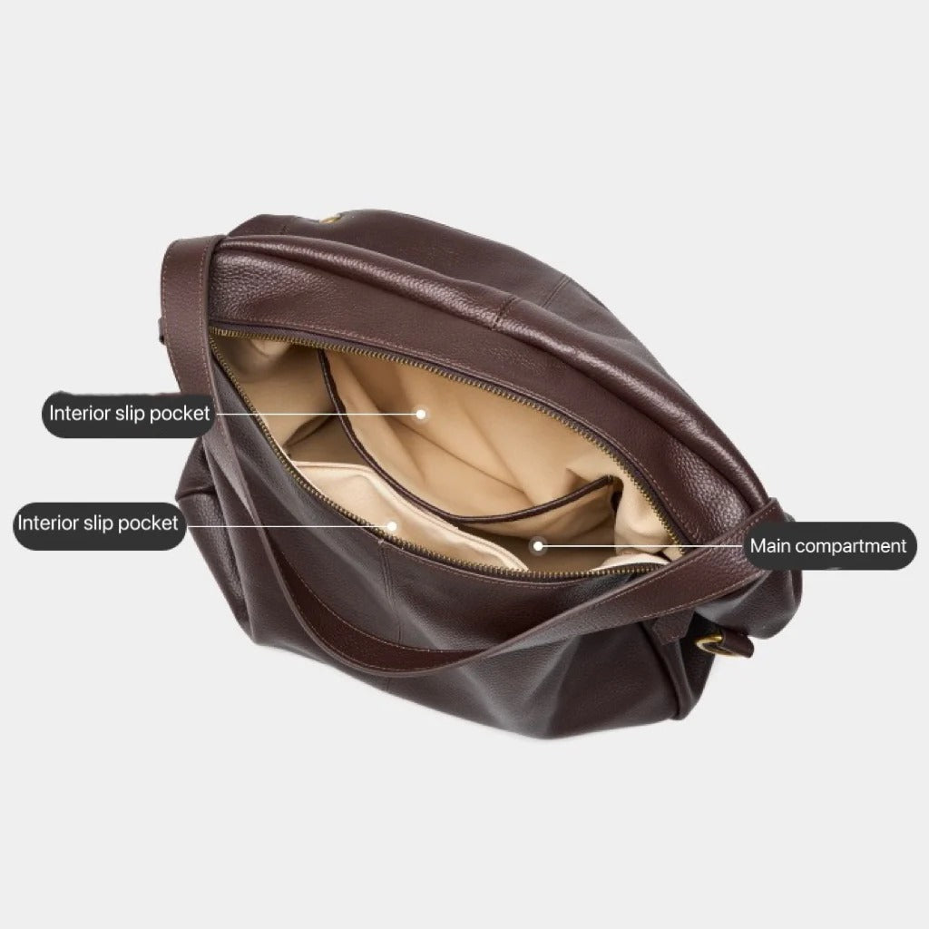 coffee leather handbag with labeled compartments 