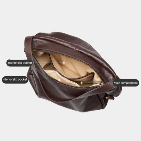 coffee leather handbag with labeled compartments 