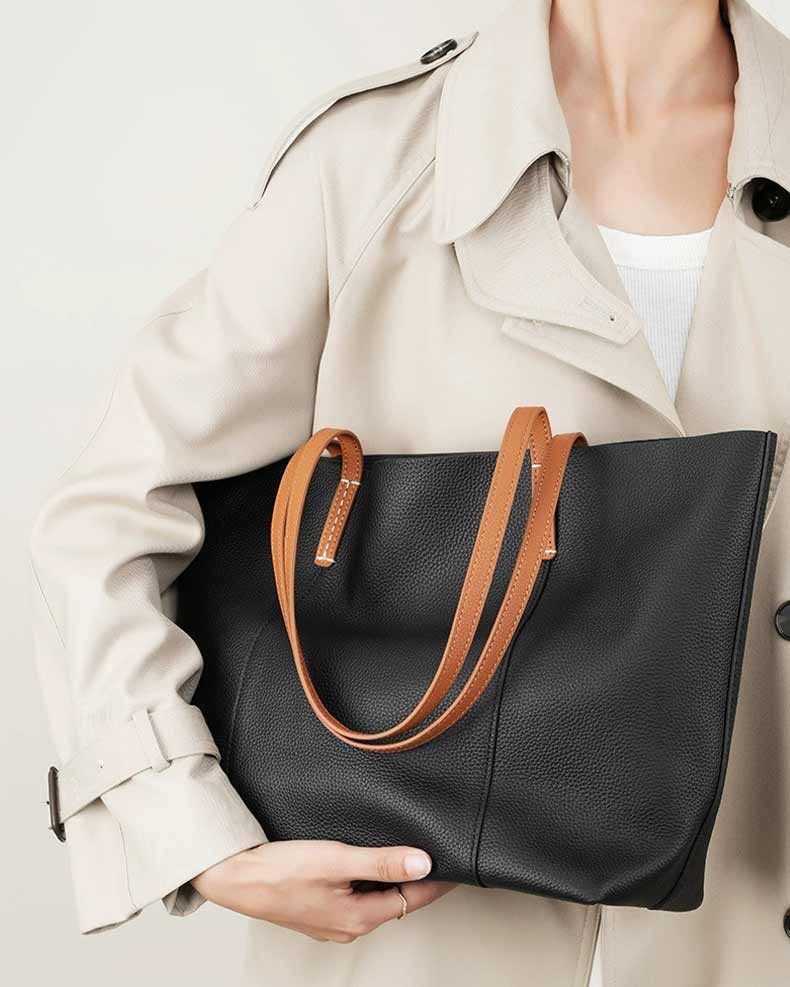 women black Genuine Leather soft Tote Bag