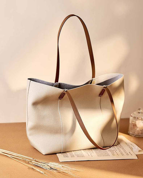 off-white Genuine Leather Minimalist Tote Bag