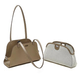 Two handbags, one gray with a strap and the other white with a textured finish