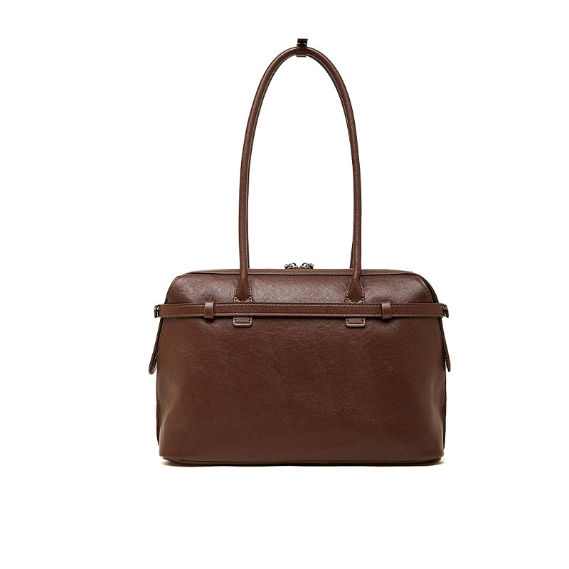 Women's brown Genuine Leather Structured Shoulder Bag back view