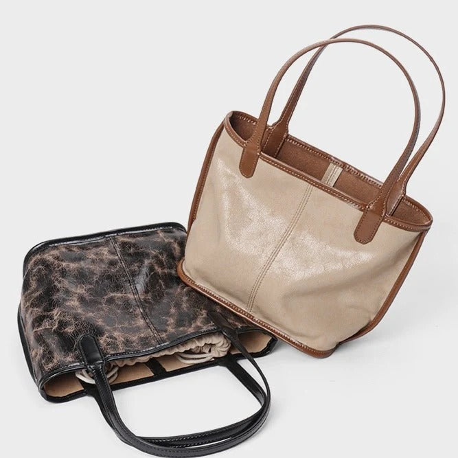 two  Genuine Leather Vintage Tote Bag apricot and black 