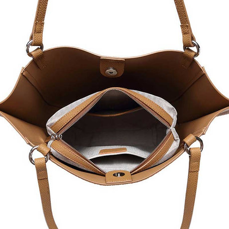 Brown leather handbag with open interior showing a zipper pocket.