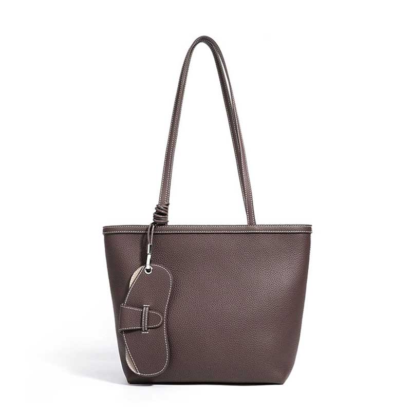 coffee Genuine Leather Work Tote Bag with Detachable Glasses Holder 