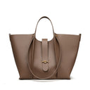 coffee Genuine Leather Work Tote with Strap Closure