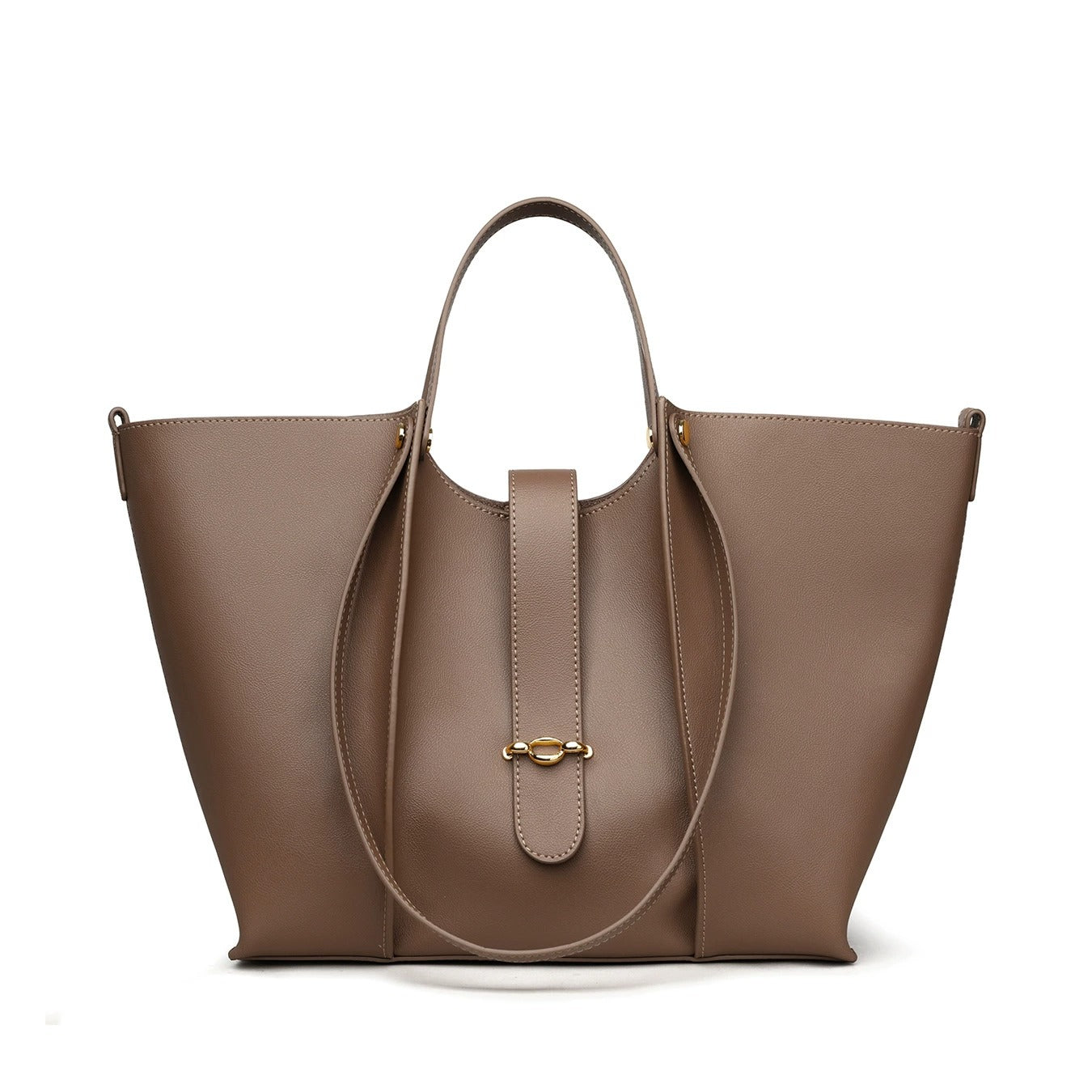 coffee Genuine Leather Work Tote with Strap Closure