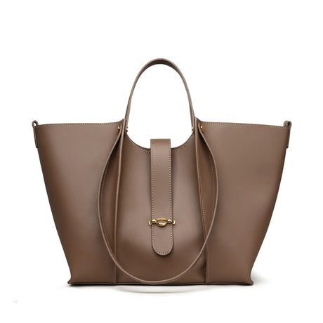 coffee Genuine Leather Work Tote with Strap Closure