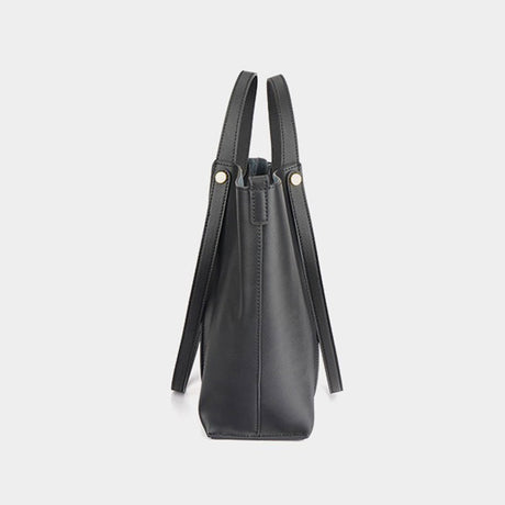 Women's black Genuine Leather Work Tote with Strap Closure side view