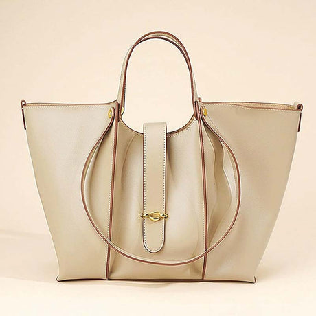apricot Genuine Leather Work Tote with Strap Closure