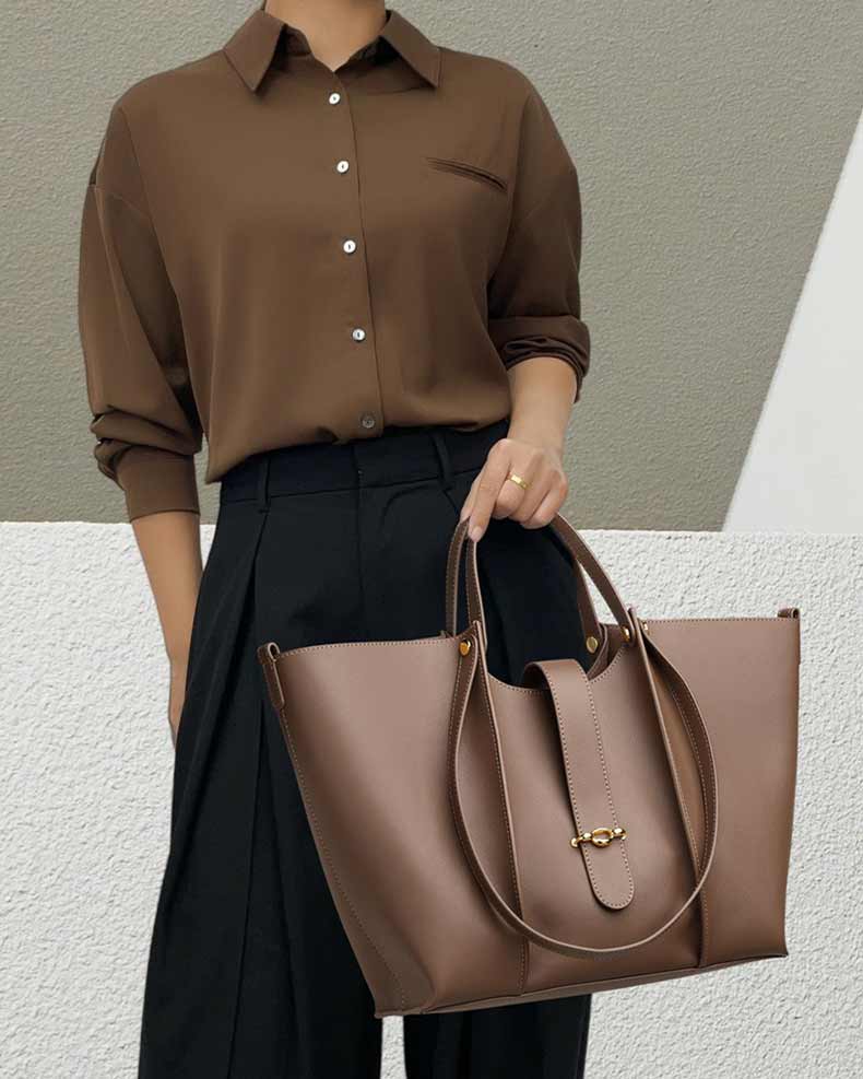 Women's coffee Genuine Leather Work Tote with Strap Closure