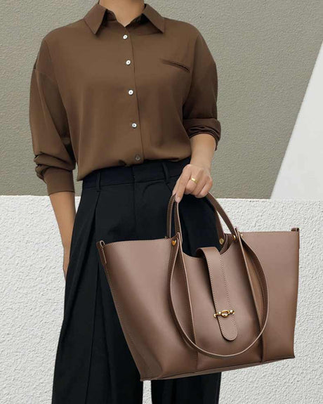 Women's coffee Genuine Leather Work Tote with Strap Closure