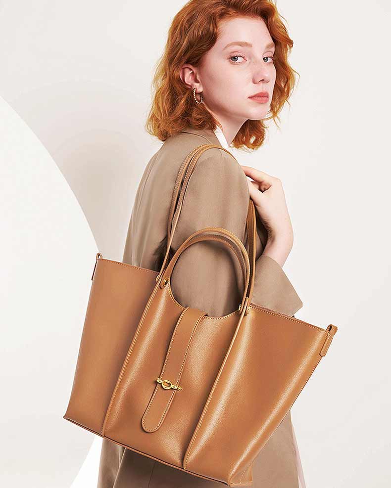 Women's brown Genuine Leather Work Tote with Strap Closure