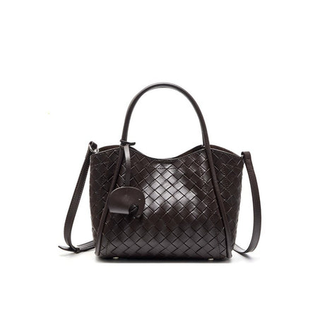 Coffee Genuine Leather Woven Bucket Tote Bag