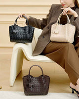 Women's Genuine Leather Woven Bucket Tote Bag black,beige,coffee