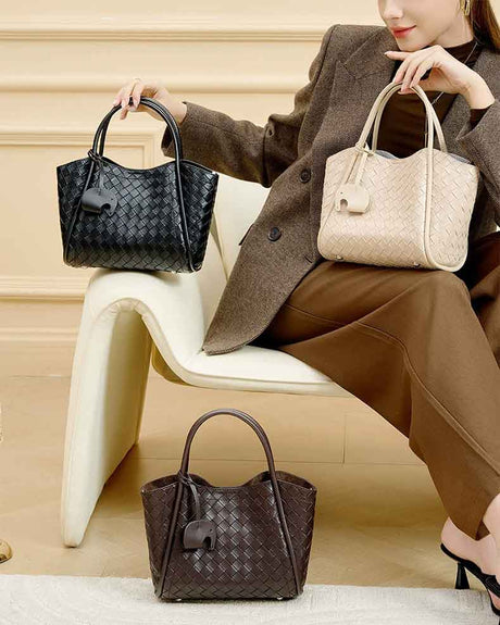 Women's Genuine Leather Woven Bucket Tote Bag black,beige,coffee