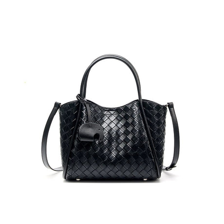 Black Genuine Leather Woven Bucket Tote Bag