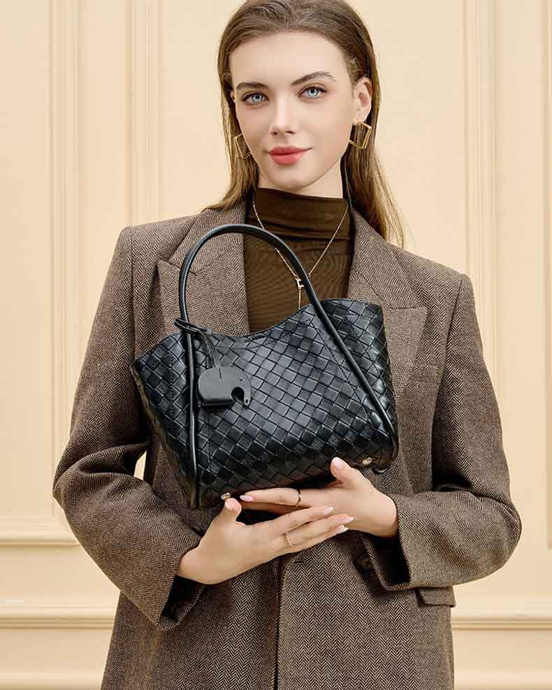 Women's black Genuine Leather Woven Bucket Tote Bag