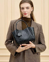 Women's black Genuine Leather Woven Bucket Tote Bag